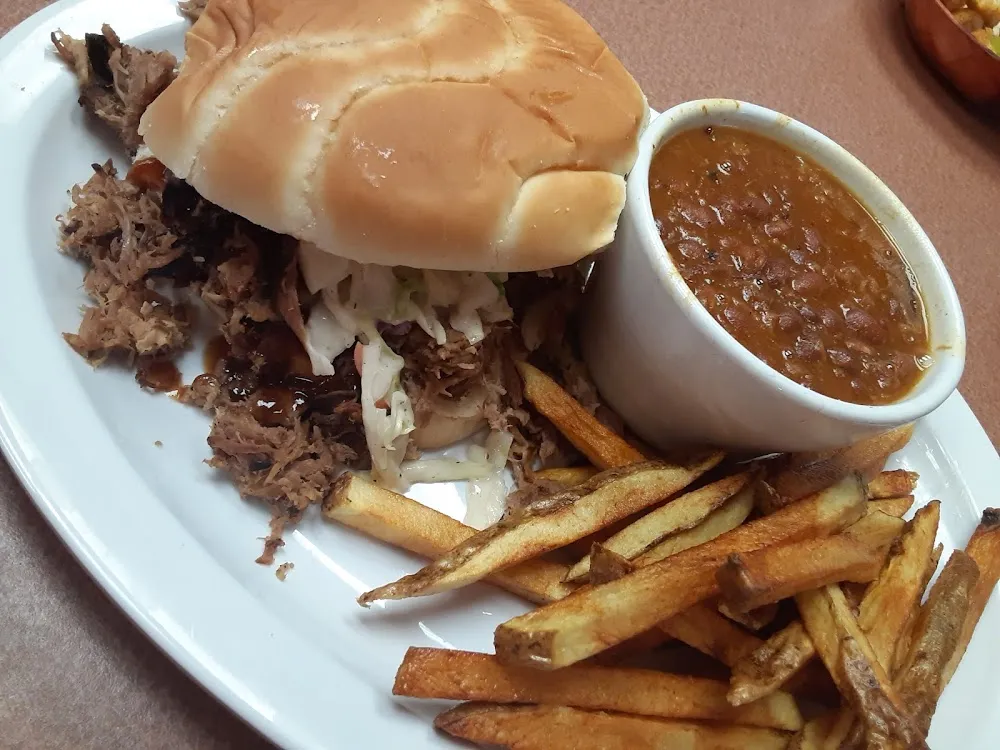 Pulled Pork Sandwich Fries & Baked Beans